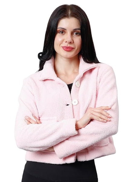 Women Solid Faux Fur Pink Jacket