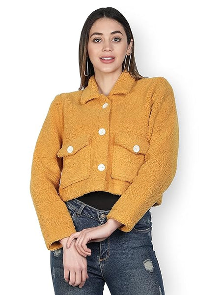 Women Solid Faux Fur Yellow Jacket