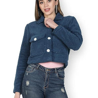 Women Solid Faux Fur Blue Jacket