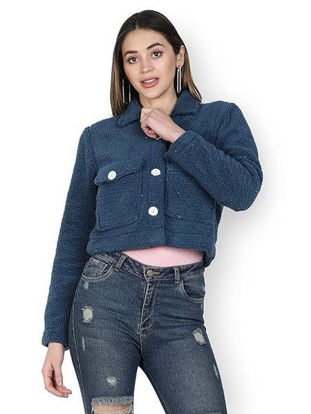 Women Solid Faux Fur Blue Jacket