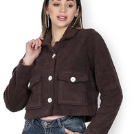 Women Solid Faux Fur Dark Brown Jacket