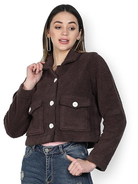 Women Solid Faux Fur Dark Brown Jacket