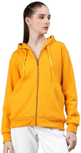 Women Solid Cotton Mustard Hooded