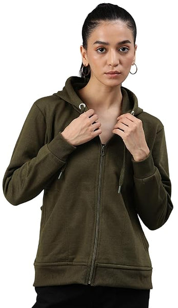 Women Solid Cotton Olive Hooded