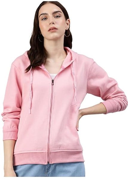 Women Solid Cotton Pink Hooded