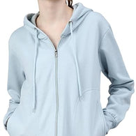 Women Solid Cotton Sky Blue Hooded