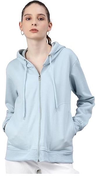 Women Solid Cotton Sky Blue Hooded