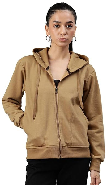 Women Solid Cotton Brown Hooded