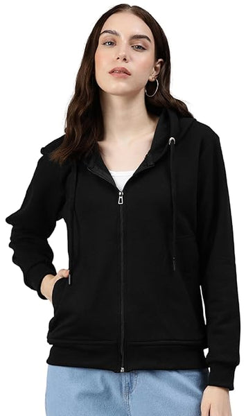 Women Solid Cotton Black Hooded