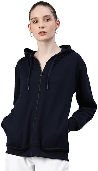 Women Solid Cotton Navy Blue Hooded