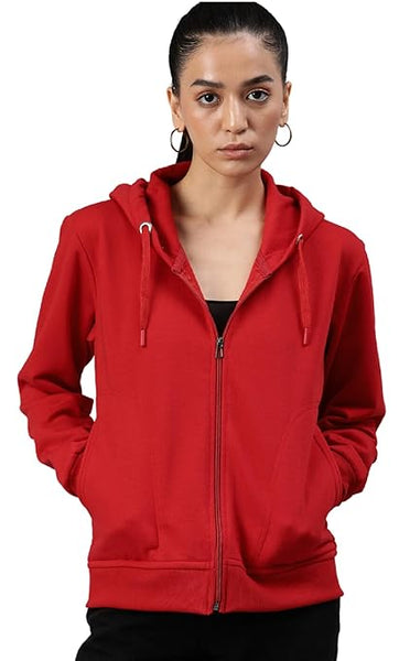 Women Solid Cotton Red Hooded