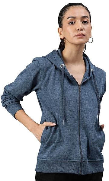 Women Solid Cotton Blue Hooded