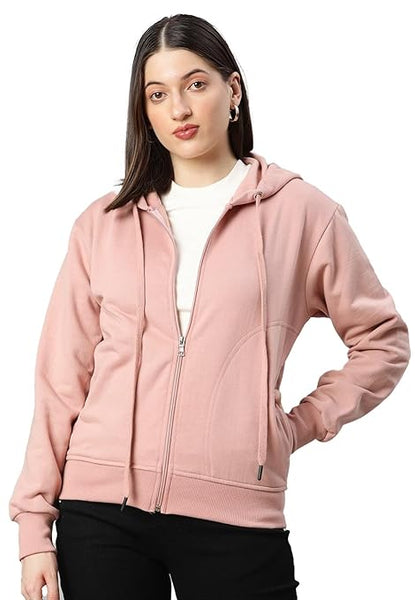 Women Solid Cotton Peach Hooded