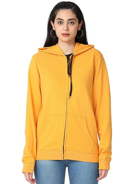 Women Cotton Plain Mustard Hooded