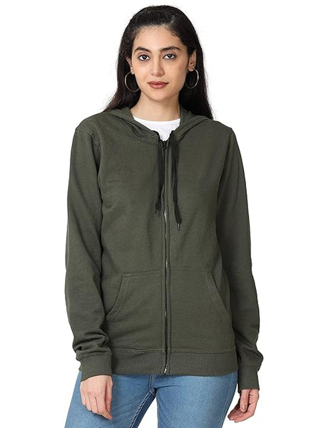 Women Cotton Plain Olive Hooded