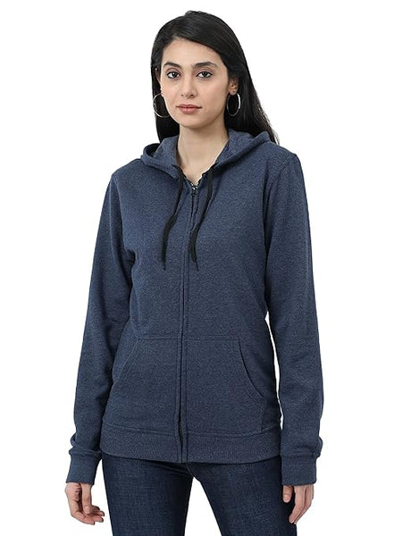 Women Cotton Plain Navy Melange Hooded