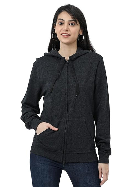 Women Cotton Plain Charcoal Melange Hooded