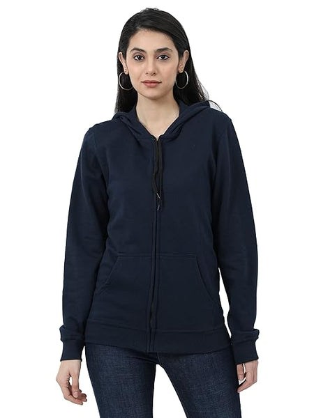 Women Cotton Plain Navy Blue Hooded