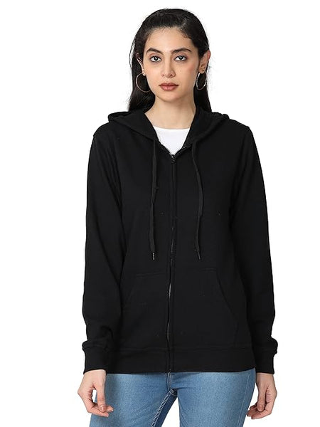 Women Cotton Plain Black Hooded