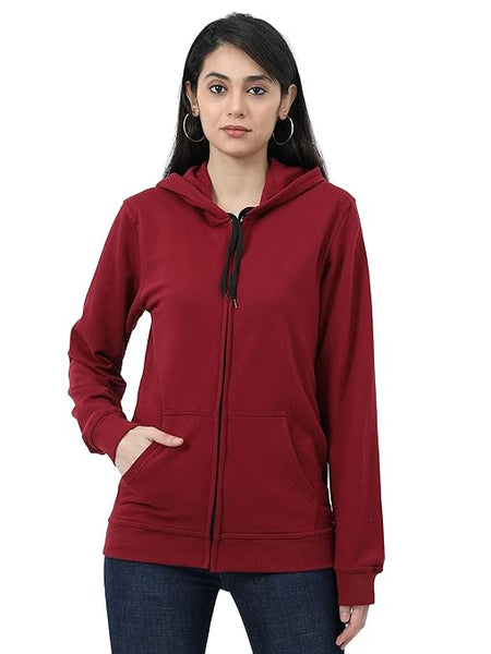 Women Cotton Plain Maroon Hooded