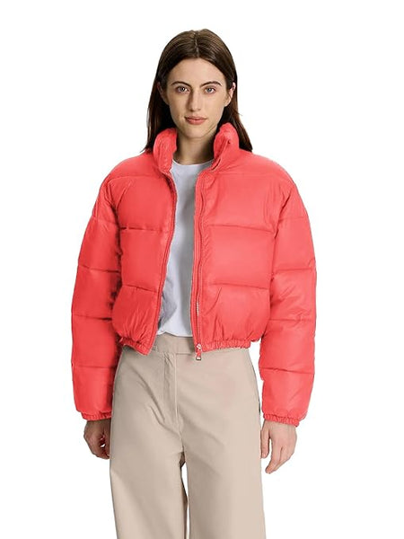 Women Solid Puffer Light Orange Jacket