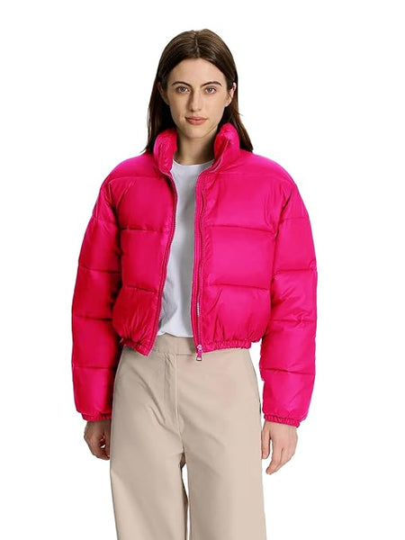 Women Solid Puffer Hot Pink Jacket