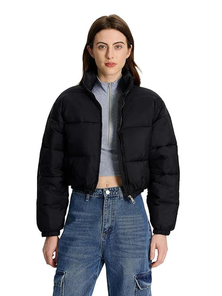 Women Solid Puffer Jet Black Jacket