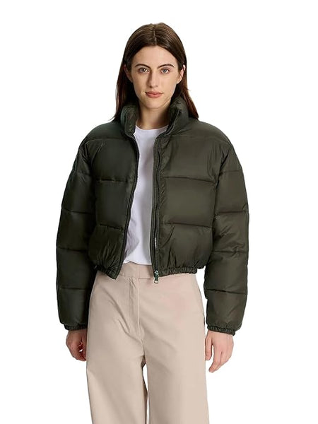 Women Solid Puffer Olive Green Jacket