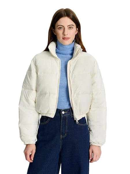 Women Solid Puffer Powder White Jacket