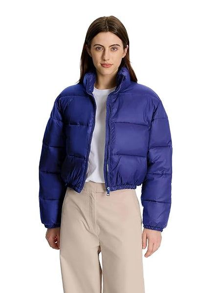 Women Solid Puffer Dark Blue Jacket