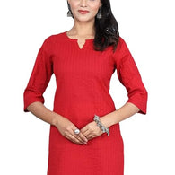 Red Women Cotton V-Neck Short Kurtis