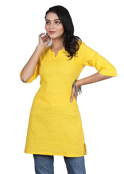 Yellow Women Cotton V-Neck Short Kurtis