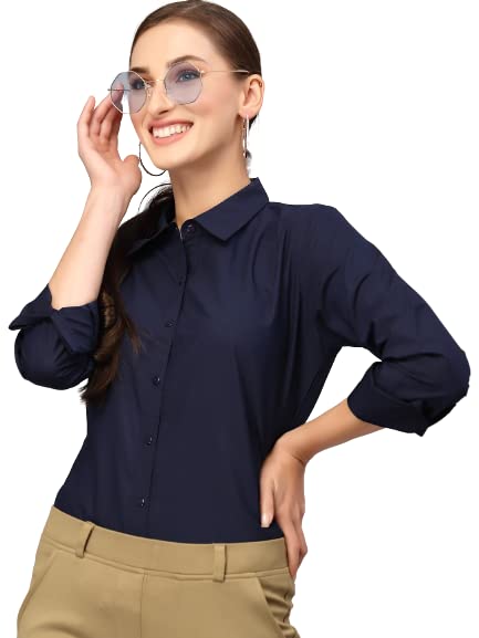 Women Cotton Regular Formal Navy Blue Shirt