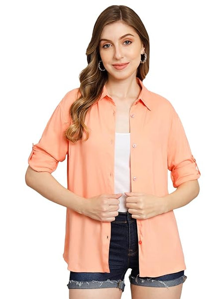 Women Solid Casual Peach Shirt