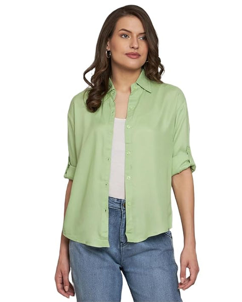 Women Solid Casual Pista Green Shirt