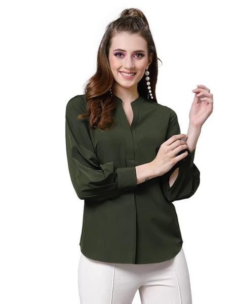 Women Poly Solid Mehndi Green Shirt