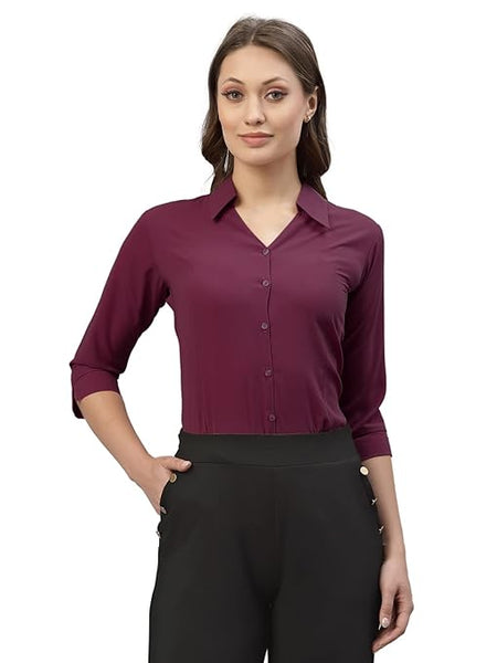 Women Poly Solid Wine Shirt