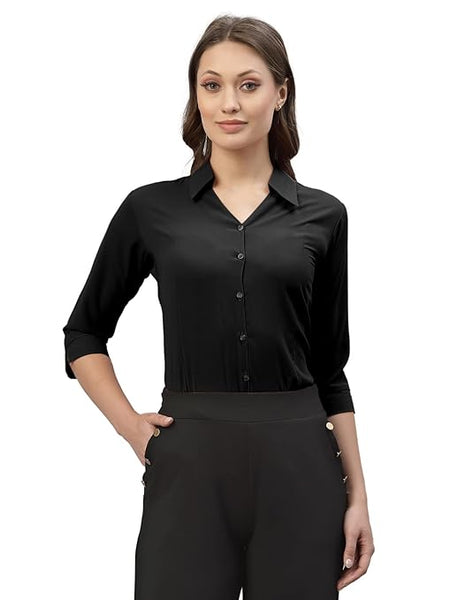 Women Poly Solid Black Shirt