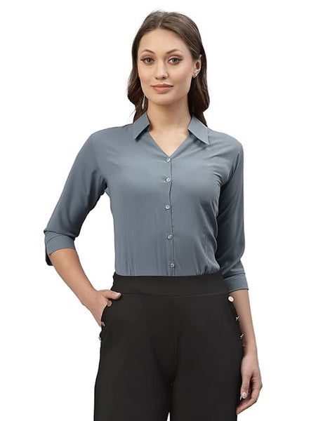 Women Poly Solid Grey Shirt