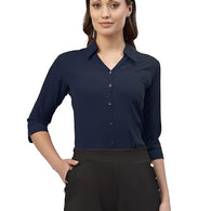 Women Poly Solid Navy Blue Shirt