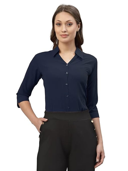 Women Poly Solid Navy Blue Shirt