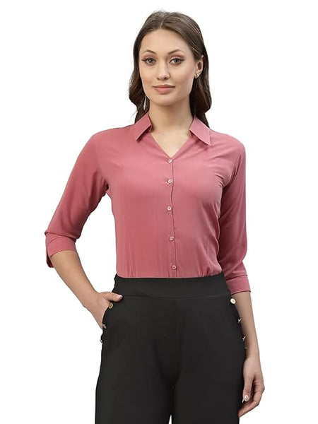 Women Poly Solid Pink Shirt