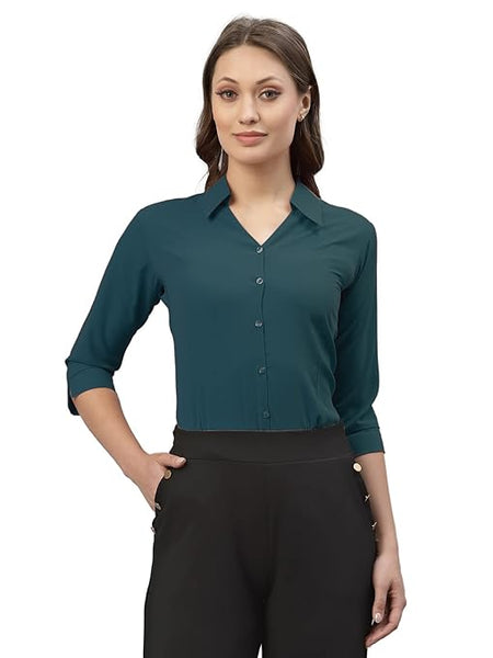 Women Poly Solid Teal Shirt