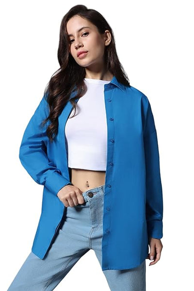 Women Oversized Cotton Blue Shirt