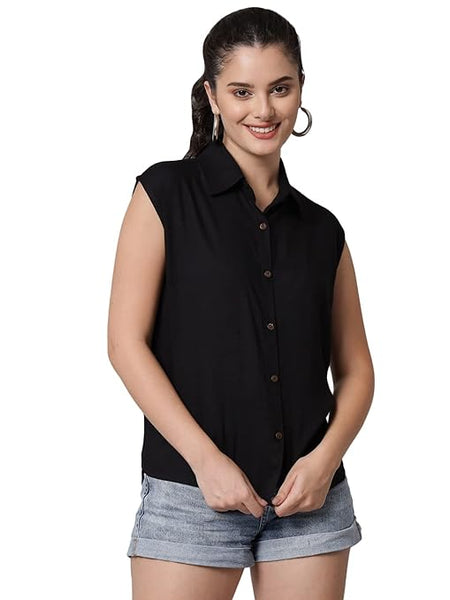 Women Plain Sleevesless Black Shirt