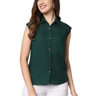 Women Plain Sleevesless Dark Green Shirt