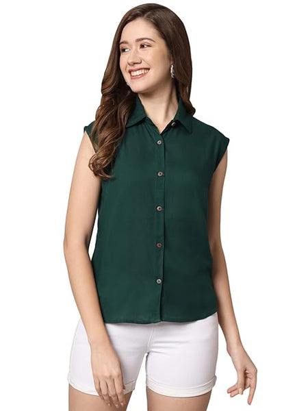 Women Plain Sleevesless Dark Green Shirt