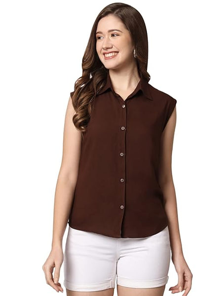 Women Plain Sleevesless Brown Shirt