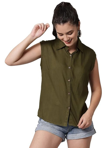 Women Plain Sleevesless Green Shirt