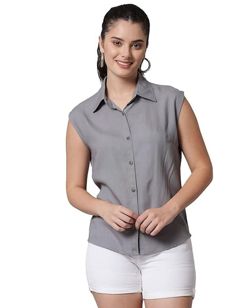 Women Plain Sleevesless Grey Shirt